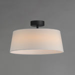 Paramount 16 inch led flush mount ceiling light in black with a wide off white fabric shade and modern design