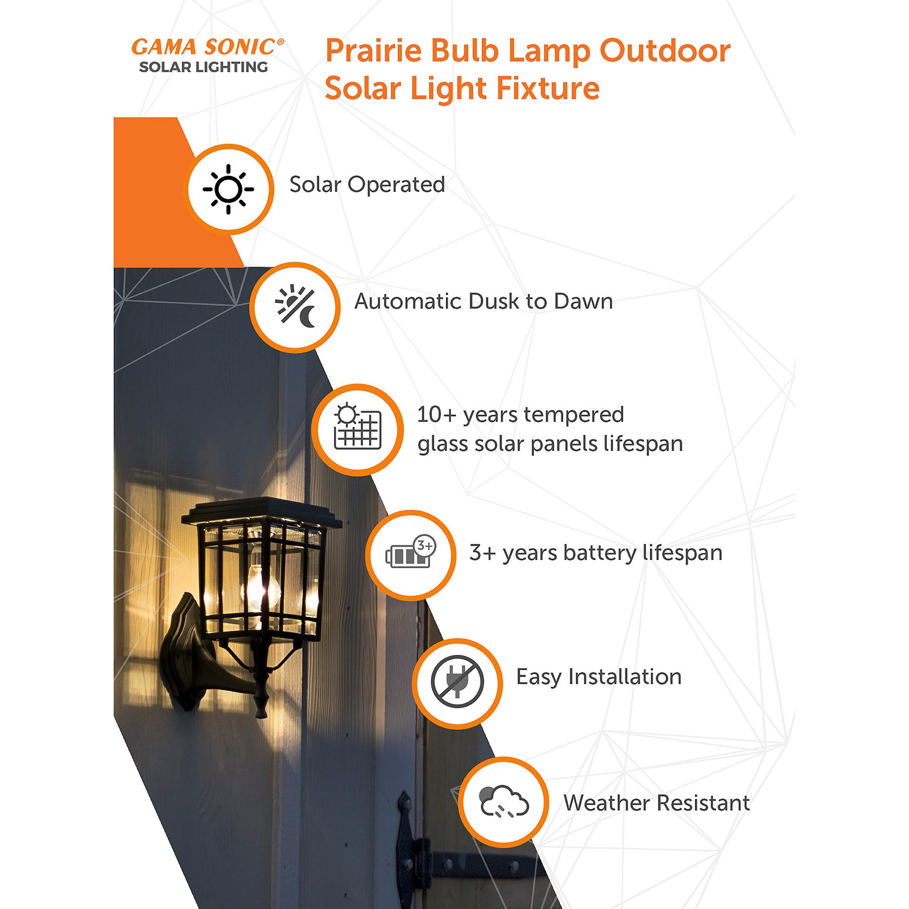Prairie Bulb Solar Lamp w/GS Light Bulb, 50 Lumens, 3.6V, 1.3 Watts, 2700 CCT, Black or Grey Finish, Post, Flat or Wall Mount