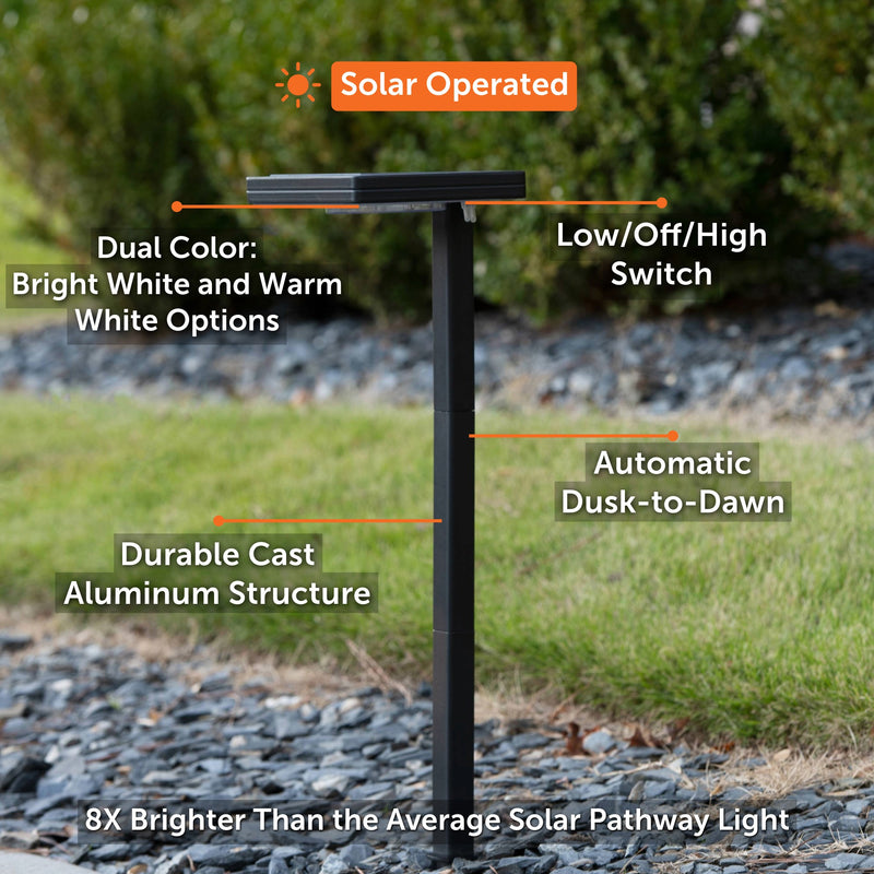 2 Pack LED Contemporary Square Solar Path Light with 3 Ground Stake Mounting Options, 80 Lumens, 2W, CCT Selectable 2700K/6000K, Black or Bronze Finish