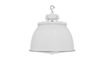 White industrial pendant high bay light with frosted glass dome and metallic mounting hardware in white finish