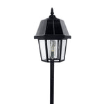 Black solar-powered garden light shepherd with clear glass panels and classic hexagonal design for outdoor use