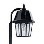 Black solar-powered outdoor lantern with clear glass panels and hexagonal design for garden light shepherd hook use