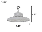 White 150w industrial led high bay ceiling light with metallic hook and circular led array in white finish