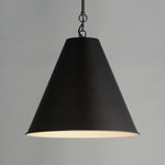 Veritas 18 inch 1-light pendant in chestnut bronze or satin nickel with black matte conical shade and warm interior glow
