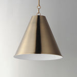 Veritas 18 inch 1-light pendant with sleek brushed brass cone shape and white interior in chestnut bronze or satin nickel
