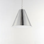 Veritas 18 inch 1-light pendant in satin nickel with a sleek conical shape brushed metallic finish and white interior