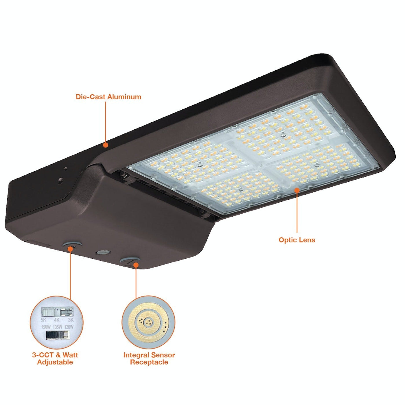 Large LED Area/Parking Lot Light, 33600 Lumen Max, Wattage and CCT Selectable, 120-277V, Bronze Finish