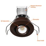 1" LV Round Gimbal Downlight: Mini-Line, 6W, 3000K, 12V, White, Black or Bronze Finish