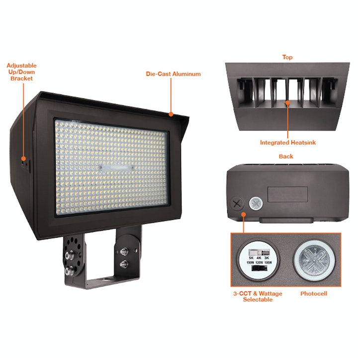 LED Flood Light, 45,000 Lumen Max, CCT and Wattage Selectable, Integrated Photocell, 120-277V