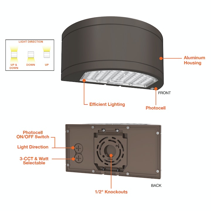 LED Semi-Circle Up/Down Wall Pack, 13000 Lumen Max, CCT and Wattage Selectable, Integrated Photocell, 120-277V