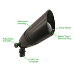 Black landscape bullet light with aluminum housing clear glass lens and water-tight silicone ring for outdoor use