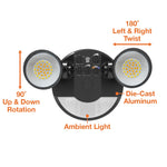 LED Security Light, Round Double Head, 3250 Lumen Max, Wattage and CCT Selectable, Motion Sensor, 120V, Bronze, Black or White Finish