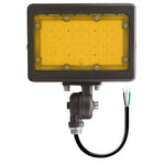 Black rectangular led mini flood with 2200K amber panel, adjustable bracket, exposed screws, and three-wire cable