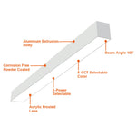A labeled technical diagram of a linear LED light strip showing its components: aluminum extrusion body, acrylic frosted lens, corrosion free powder coated surface, 5-CCT selectable color, 3-power selectable, and beam angle 100 degrees.
