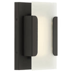 Modern wall sconce with bronze finish and frosted glass on a white background