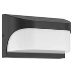 Black outdoor wall light fixture with white glass cover on a white background