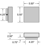 Technical drawing with dimensions of a square wall light fixture