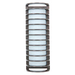 Cylindrical bronze outdoor light fixture with a metal cage on a white background