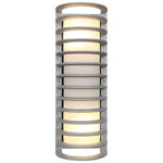 Cylindrical satin wall light fixture with ribbed design on a white background