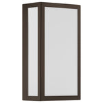 Bronze outdoor wall light fixture with white glass on a white background