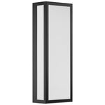 Black rectangular wall light fixture with white glass on a white background