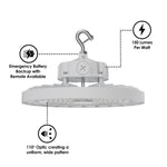 White industrial static led ufo high bay light with sturdy metal hook and circular housing 22500 lumens 150 watt 5000k