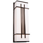 Modern outdoor wall light fixture with bronze frame and white glass on a white background