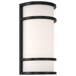 Wall-mounted light fixture with black frame and white glass on a white background