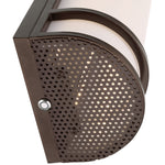 Close-up of a bronze textured outdoor light fixture with a perforated design on a white background