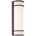 Wall-mounted light fixture with bronze frame and white glass on a white background