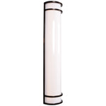 Cylindrical light fixture with a black frame and a white glass cover on a white background
