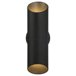 Black cylindrical light fixture with gold interior on a white background