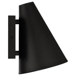 Black wall-mounted lamp with a modern design on a white background