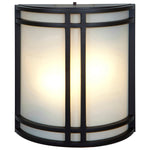 Decorative wall sconce with bronze frame and white glass on a white background