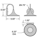 Technical drawing of a wall-mounted light fixture with dimensions labeled.