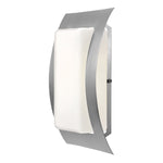 Modern wall light fixture with white shade and metallic frame on a white background