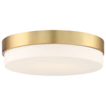 Led flush mount ceiling light with modern round design, opaque white diffuser, and antique brushed brass frame from roma collection