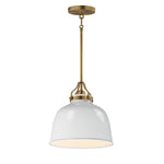 A modern pendant light fixture with a white glass dome shade and an antique brass suspension rod, canopy, and ceiling mount, shown against a plain white background.
