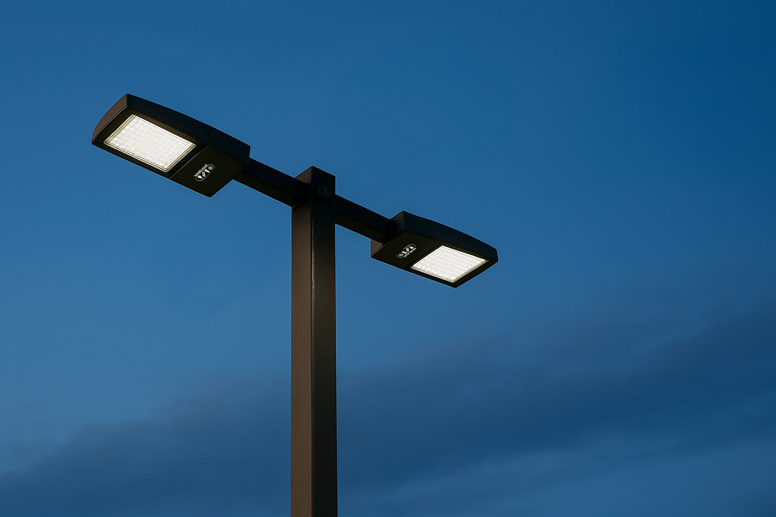 20 ft 4 Inch Square Area Lighting Pole With Dual Head LED 150W Slim Line Fixture (400W+ MH or HID Equivalent), Pole Arm Mount