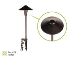 Bronze outdoor pathway light with a saucer head design in a white background