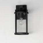 Black wall-mounted light fixture with a clear glass cover on a white background