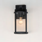 Black outdoor wall light fixture with a clear glass cover on a white background