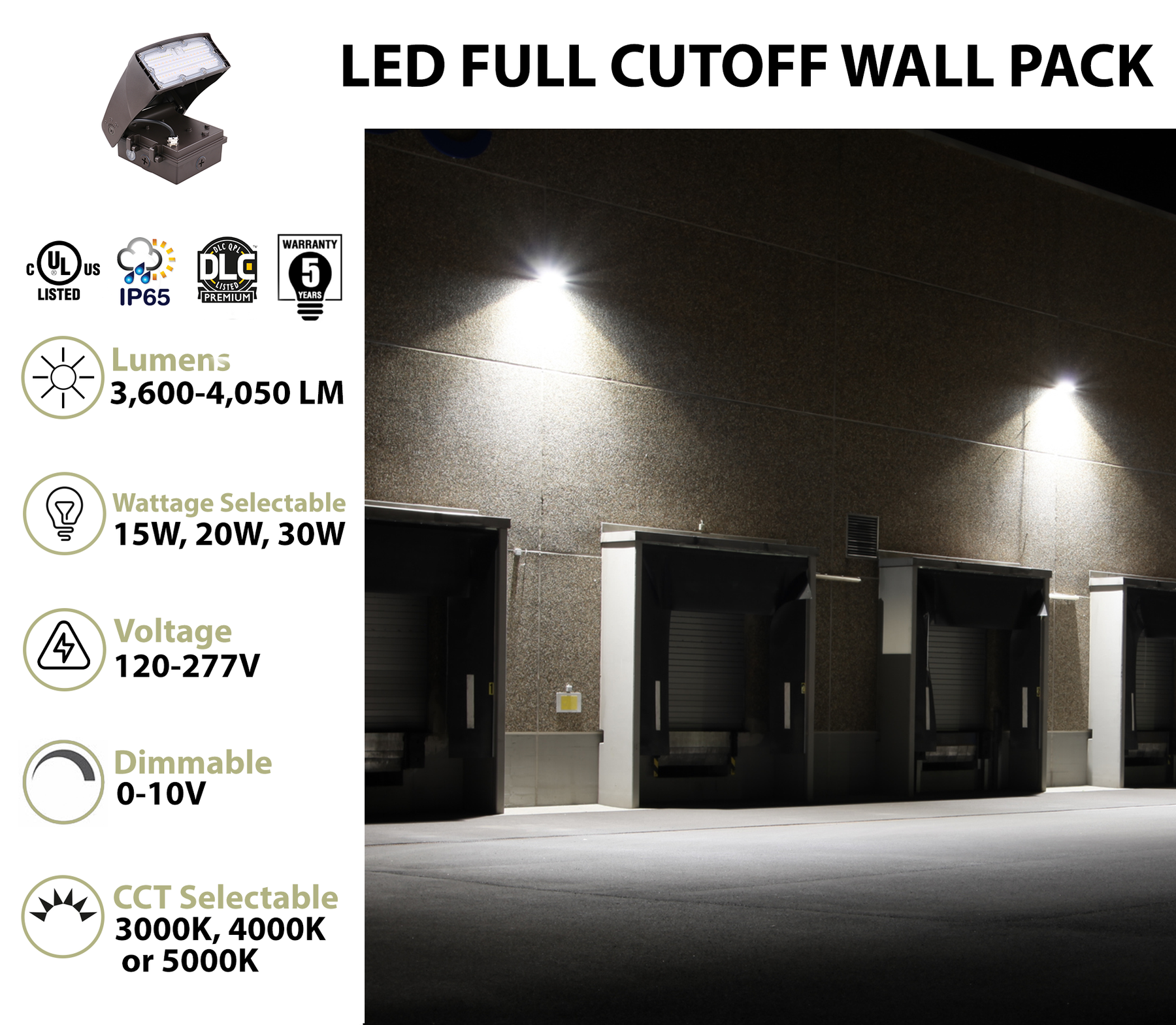 LED Adjustable Wall Pack, 4050 Lumen Max, Wattage and CCT Selectable, Integrated Photocell, 120-277V, Bronze Finish