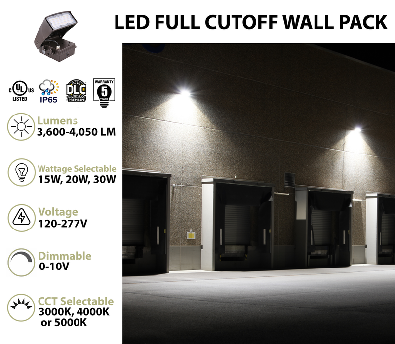 LED Adjustable Wall Pack, 4050 Lumen Max, Wattage and CCT Selectable, Integrated Photocell, 120-277V, Bronze Finish