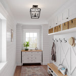 Black geometric lantern four light semi flush mount ceiling light with exposed bulbs for overhead lighting