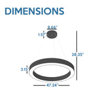 Modern black 48 inch LED RGBW round pendant light with sleek minimalist design and precise dimensional markings