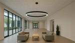 Modern black circular 48 inch LED RGBW pendant light with sleek minimalist design and selectable wattage and CCT