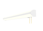 A long, slim white linear light fixture with a curved end cap and two hanging pull chains, shown on a plain white background.