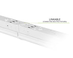 A close-up of a white linear light fixture showing its modular linkable connector section with text overlay 'LINKABLE (CONNECTING MULTIPLE FIXTURES)'.