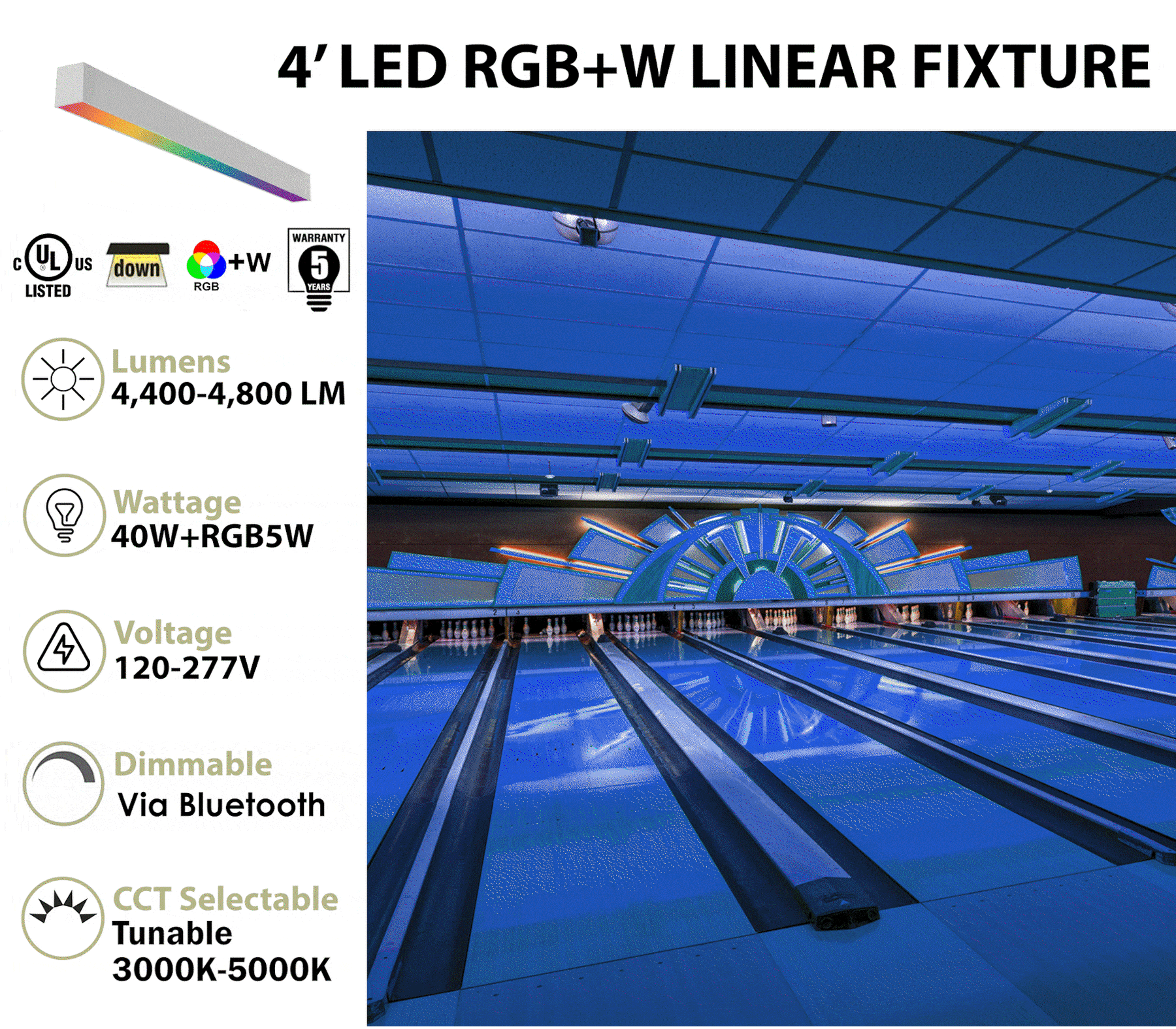 4FT LED RGBW Linear Fixture, 4800 Lumen Max, 40W, CCT Selectable, 120-277V, Black or White Finish